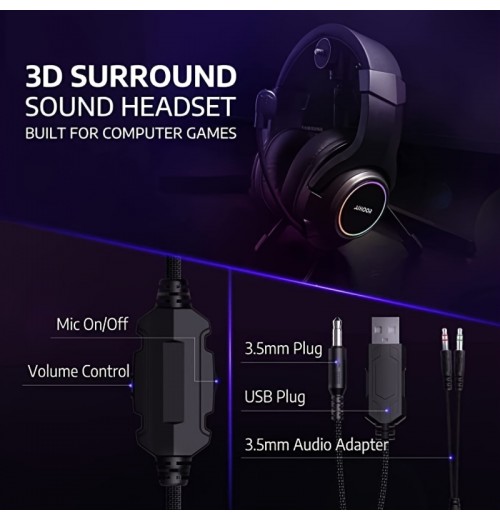 Esports Headset With Virtual 7.1 Surround Sound,Over Ear Headphones,Sound Isolation ,Noise Cancelling Microphone, Ultra-Low Latency Games & LED Light Soft Memory Protein Earmuffs For PC Mac Computer Games- Black