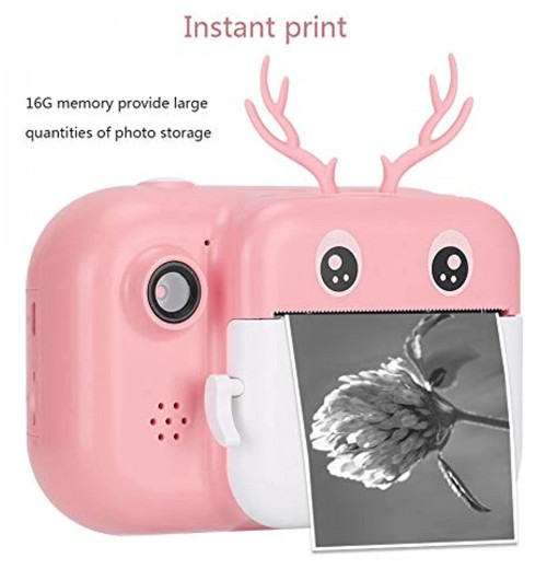 Instant Print Camera For Kids, 1080P Dual Lens Cartoon Deer Thermal Print Camera With 16G Memory Card For Boys And Girls Birthday Holiday Christmas Travel Gifts