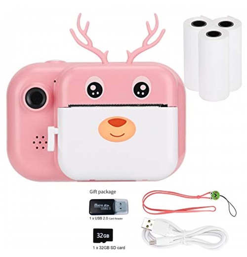 Instant Print Camera For Kids, 1080P Dual Lens Cartoon Deer Thermal Print Camera With 16G Memory Card For Boys And Girls Birthday Holiday Christmas Travel Gifts