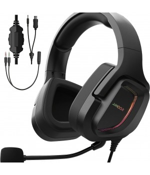 AIHOOR Wired Gaming Headset With 7.1 Surround Sound, Detachable Mic, In-Line Volume & Mute Control, RGB LED Light, Protein Ear Cushions, Over-Ear Headphone For PS4/PS5 Controller, PC (3.5mm Interface)