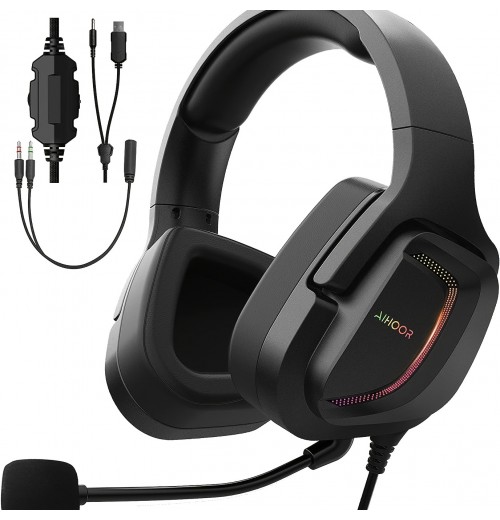 AIHOOR Wired Gaming Headset With 7.1 Surround Sound, Detachable Mic, In-Line Volume & Mute Control, RGB LED Light, Protein Ear Cushions, Over-Ear Headphone For PS4/PS5 Controller, PC (3.5mm Interface)