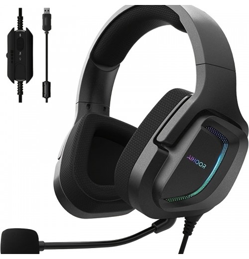 AIHOOR Wired Esports Headset With 7.1 Surround Sound, Detachable Mic, In-Line Volume & Mute Control, RGB LED Lights, Breathable Foam Ear Cushions, Over-Ear Headphone For PC, PS4/PS5 (USB Interface)