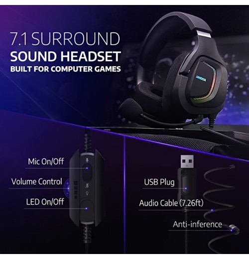 AIHOOR Wired Esports Headset With 7.1 Surround Sound, Detachable Mic, In-Line Volume & Mute Control, RGB LED Lights, Breathable Foam Ear Cushions, Over-Ear Headphone For PC, PS4/PS5 (USB Interface)