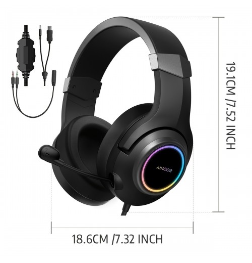 Esports Headset With Virtual 7.1 Surround Sound,Over Ear Headphones,Sound Isolation ,Noise Cancelling Microphone, Ultra-Low Latency Games & LED Light Soft Memory Protein Earmuffs For PC Mac Computer Games- Black