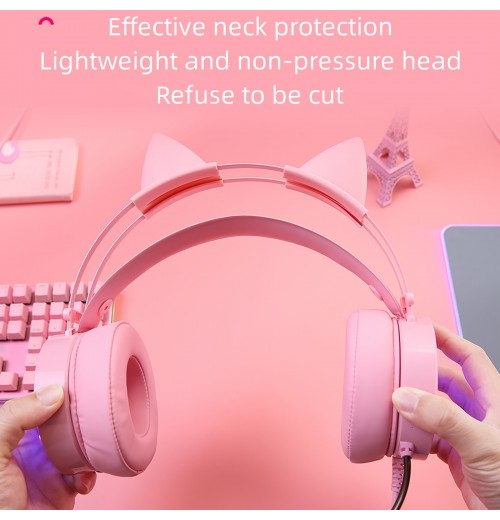 DAREU Pink Gaming Headset, Cute Cat Ear Headset With Mic, LED Light, 7.1 Surround Sound, USB Headphones For Computer Laptop Mac PS4 PS5