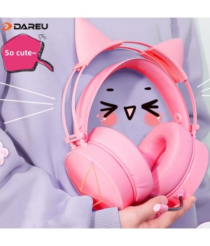 DAREU Pink Gaming Headset, Cute Cat Ear Headset With Mic, LED Light, 7.1 Surround Sound, USB Headphones For Computer Laptop Mac PS4 PS5