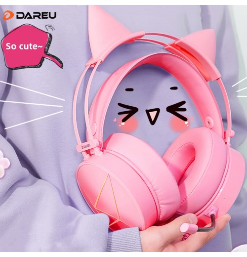 DAREU Pink Gaming Headset, Cute Cat Ear Headset With Mic, LED Light, 7.1 Surround Sound, USB Headphones For Computer Laptop Mac PS4 PS5