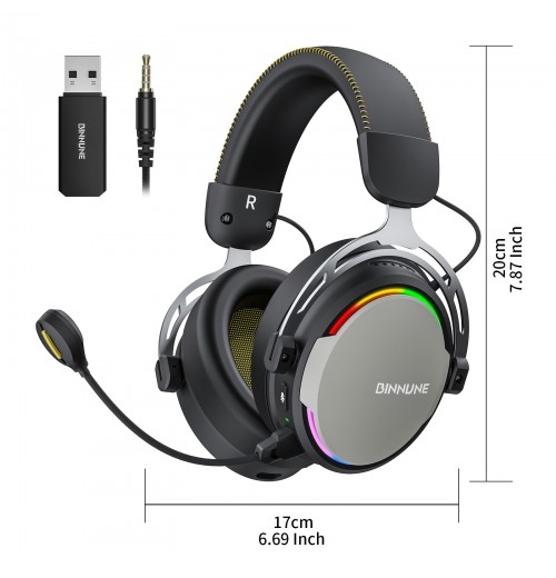 BINNUNE BW03 Wireless Gaming Headset With Mic, 3.5mm Head Jack, 2.4G Wired Headphones, RGB Light For PS4, PS5, PC