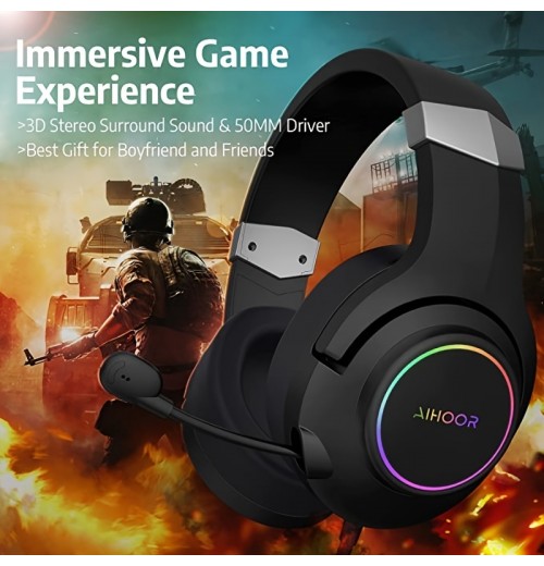 Esports Headset With Virtual 7.1 Surround Sound,Over Ear Headphones,Sound Isolation ,Noise Cancelling Microphone, Ultra-Low Latency Games & LED Light Soft Memory Protein Earmuffs For PC Mac Computer Games- Black