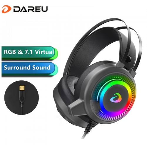 DAREU USB Gaming Headset For PC & Computer Headphones With Microphone/Mic Noise Cancelling, 7.1 Surround Sound Wired Headset & RGB Light, Gaming Headphones For PS4/PS5 Console Laptop Call Center